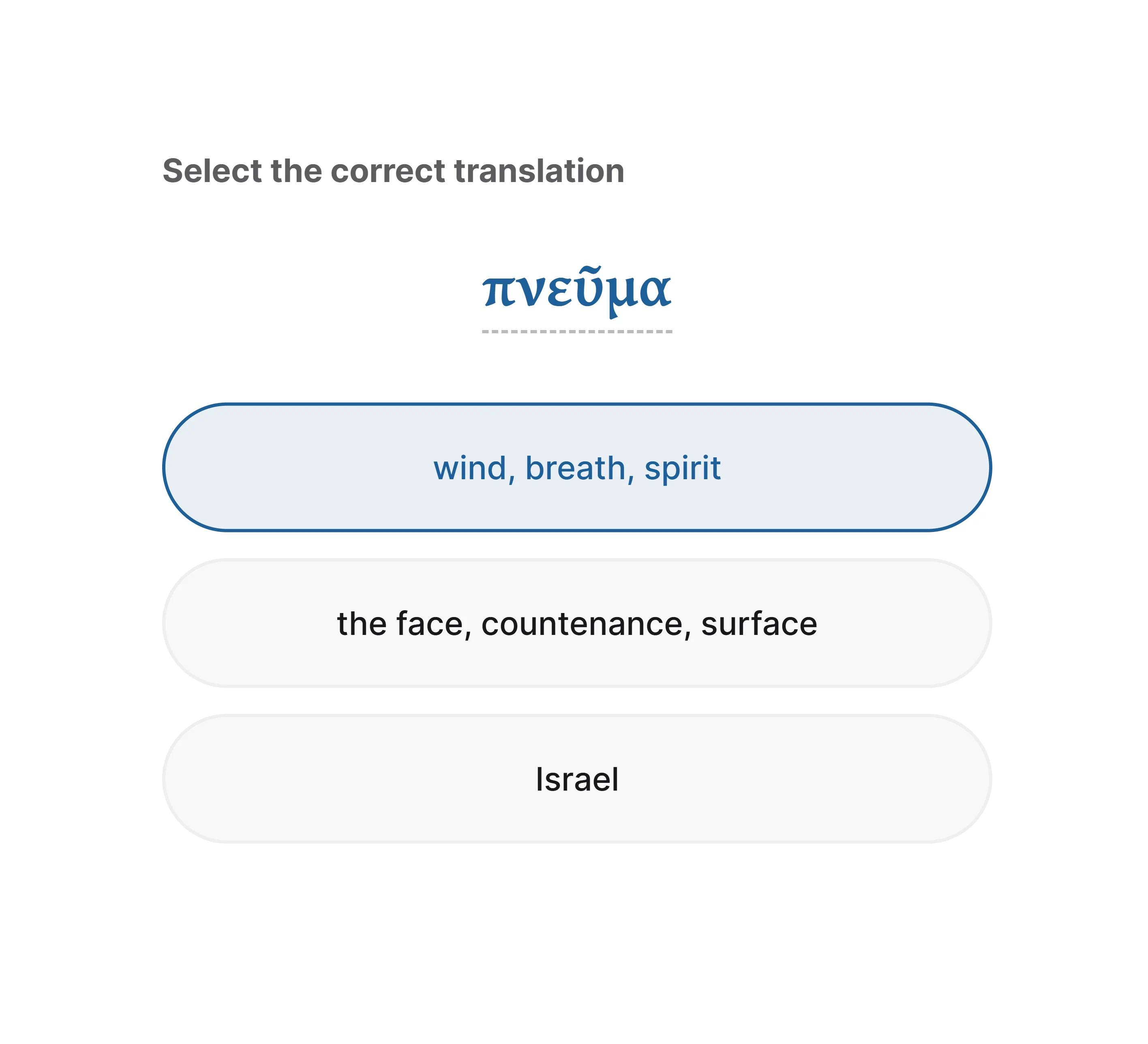 Meaning-choice exercise: pick the English gloss for a Greek word