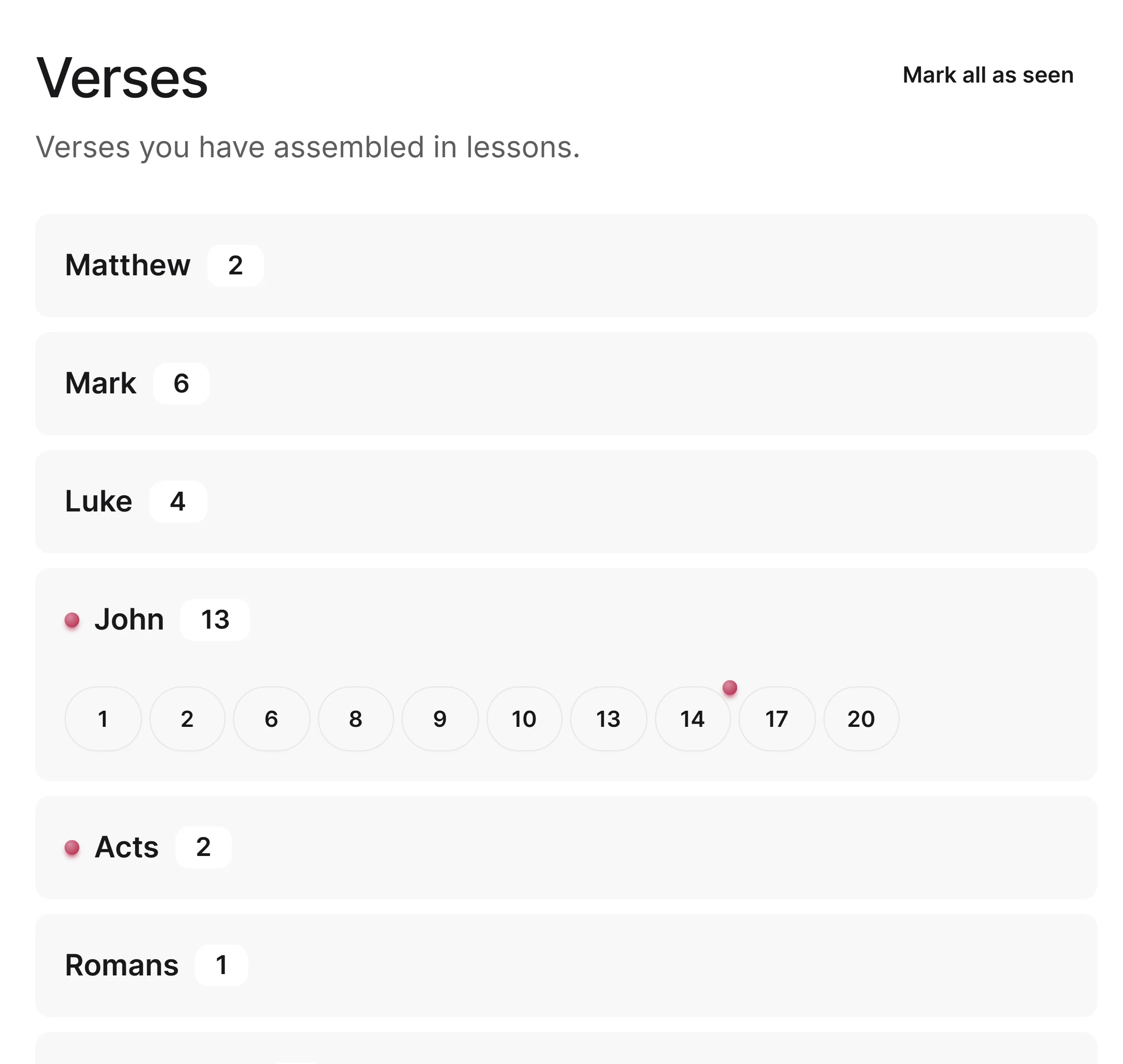 Verses tab showing unlocked New Testament verses by book and chapter
